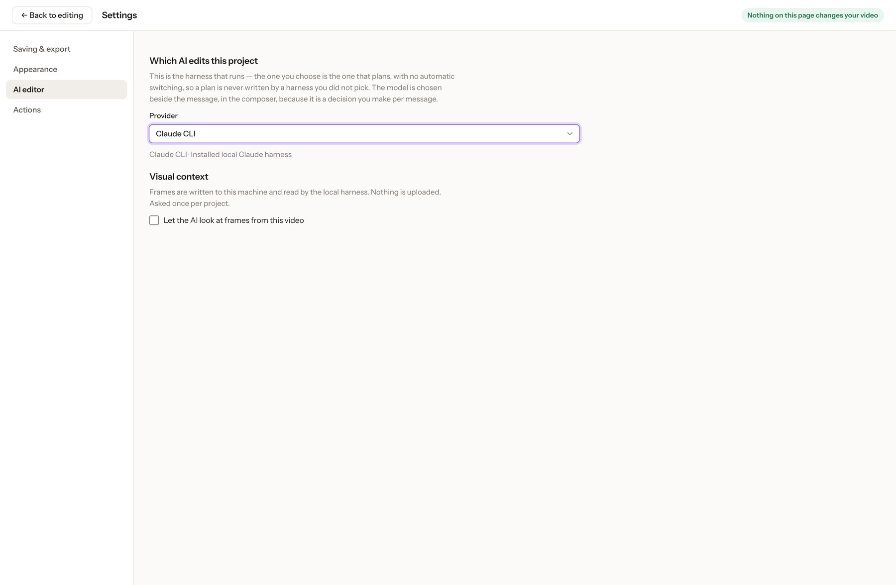 The AI editor settings after switching the provider to Claude CLI