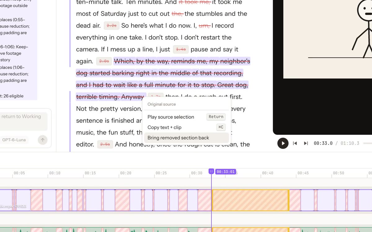 The Source view with crossed-out words selected and the Bring removed section back menu